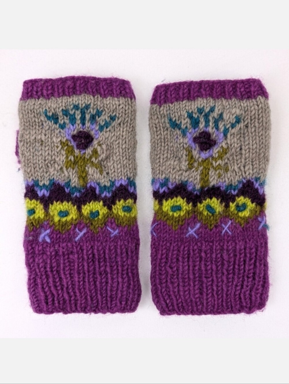 Sundance Lost Horizons Fingerless Mittens Wool Hand Knit Nepal Floral Purple